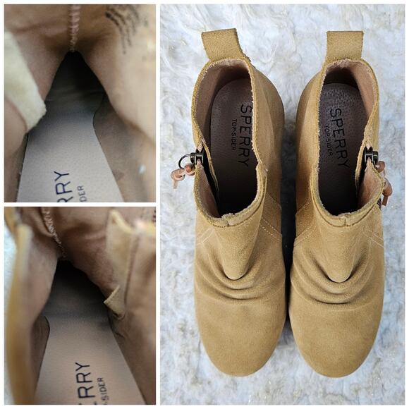 Ruched Suede Ankle Wedge Boot Sperry Harper Kara Bootie Size 8 Tan Leather Zip - Picture 10 of 13